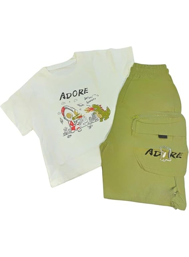 MINIIMODZ MINII MODZ Adore Print Boys Casual Dress Set – Shirt & Pant Set with Dinosaur Cartoon Print - Image 1